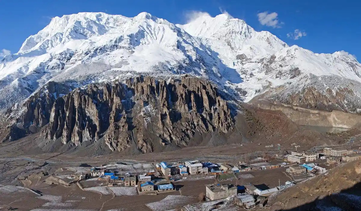 Manang village. Annapurna-III (left, 7,555 m) and Gangapurna (7,455 m) peaks are in the background.