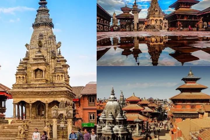 Pictures of Bhaktapur Durbar Square featuring the Nyatapol Temple.