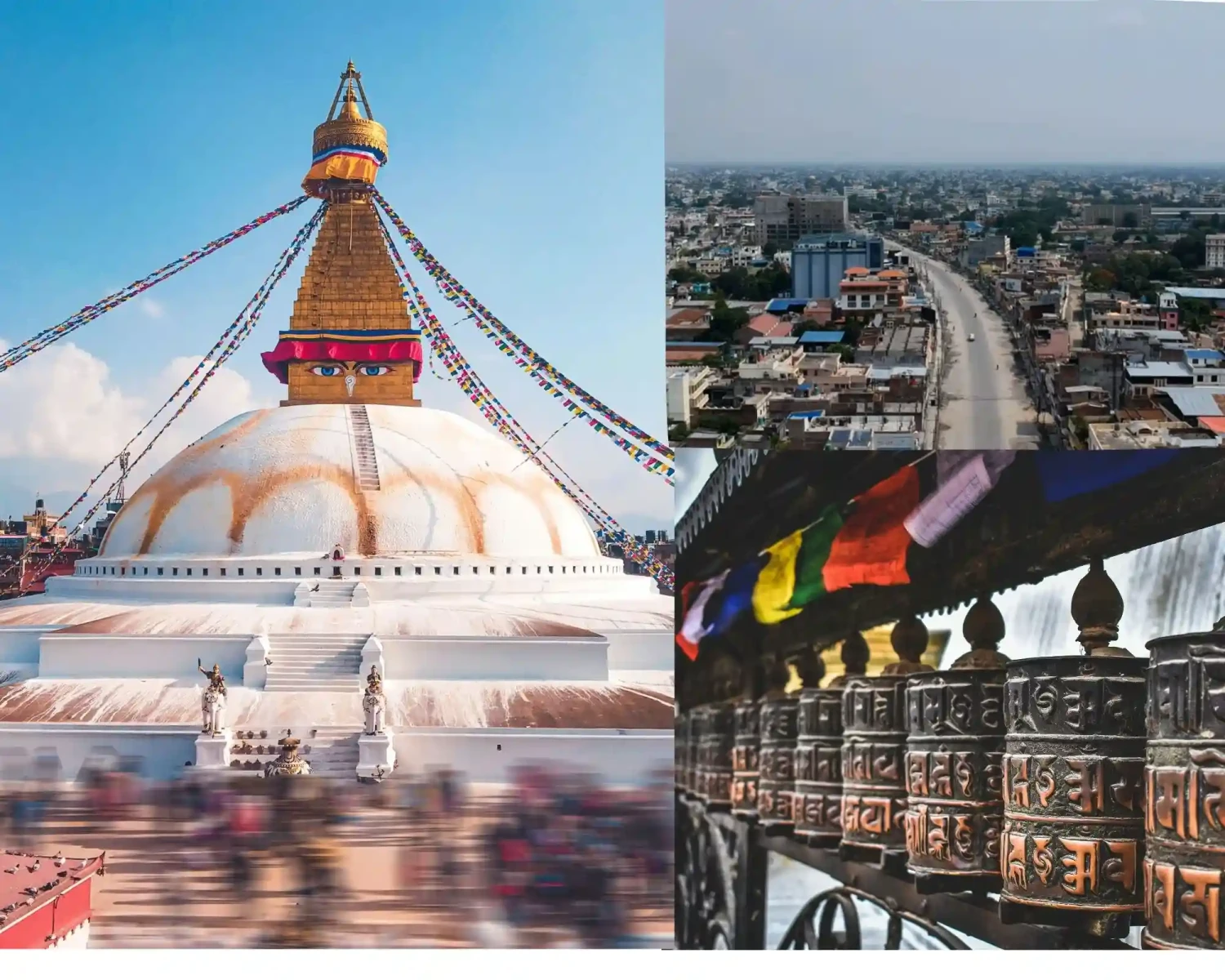 Beautiful images of must visit destinations like Bouddha of Kathmandu, Biratnagar city and spinning wheels symbolizing Buddhism in Nepal.