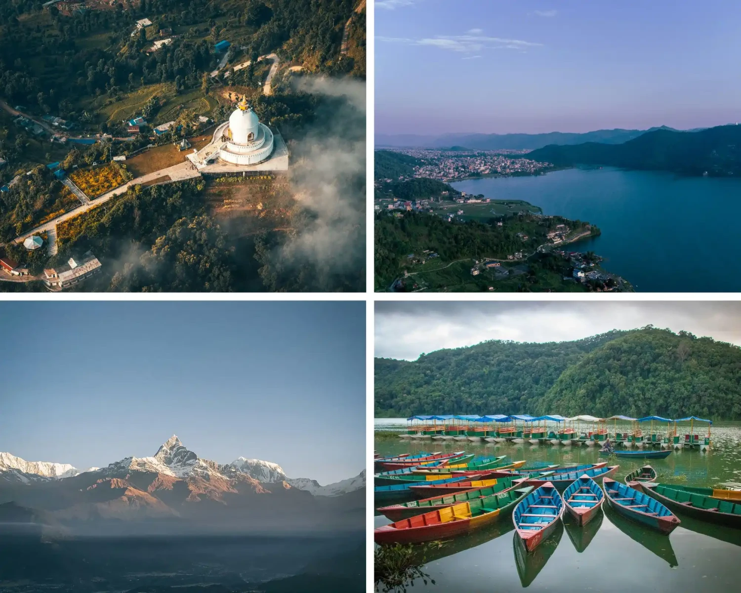 Scenic view of Pokhara city with Phewa Lake and the World Peace Pagoda overlooking the Annapurna range.