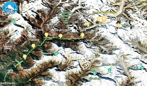 Detailed Everest Base Camp map indicating the key location using a satellite map.
