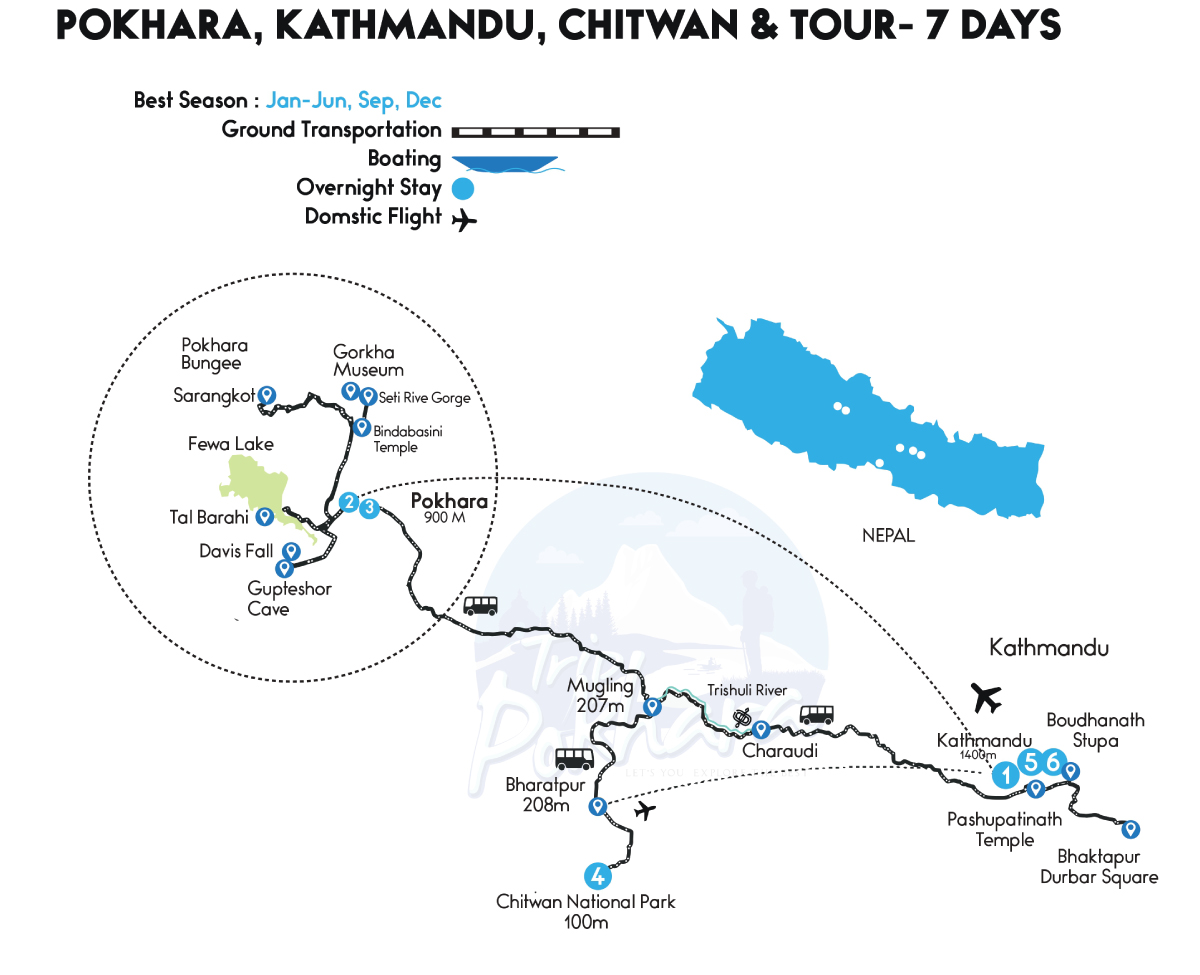 Map of Pokhara, Kathmandu & Chitwan Tour
